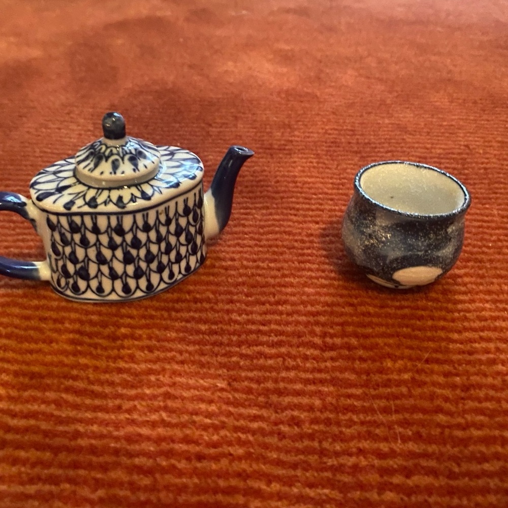 Vintage Blue and White Ceramic Teapot and cup 3 inches tall